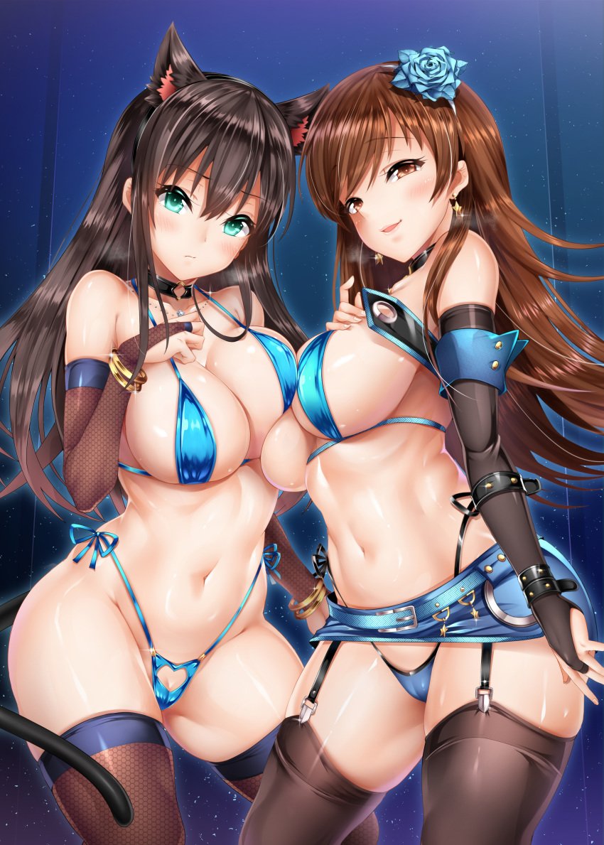 2girls animal_ears aqua_eyes areolae asymmetrical_docking bangs belly beltskirt bikini black_gloves black_hair black_legwear blue_bikini blue_flower blue_skirt blush bracelet breast-to-breast breast_press breasts brown_eyes brown_hair cat_tail cleavage condom copyright_name cover cover_page doujinshi_cover earrings elbow_gloves eyebrows_visible_through_hair fanbox_reward female fingerless_gloves flower frown garter_straps gloves hair_flower hair_ornament half-closed_eyes heart_cutout high_resolution idolmaster idolmaster_cinderella_girls jewelry large_areolae large_breasts large_filesize leaning leaning_to_the_side lingerie long_hair looking_at_viewer micro_bikini microskirt multiple_girls navel nekomimi nitta_minami oni-noboru paid_reward shibuya_rin side-tie_bikini sidelocks skirt smile standing stomach swimsuit tail take_your_pick thighhighs thighs unmoving_pattern very_high_resolution