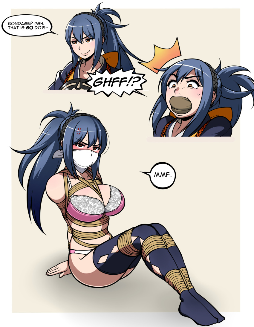 angry bare_shoulders between_breasts blue_hair blush bondage breasts dialogue femsub fire_emblem fire_emblem_fates gag gagged grumpy_sub jam-orbital legs_tied legs_together nintendo oboro_(fire_emblem) rope smirk smug stockings stuffed_mouth_gag thighhighs underwear unhappy_female utter_domination