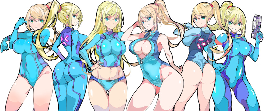 ass blonde_hair blue_eyes bodysuit breasts busty edit enpe firearm gun handgun long_hair looking_at_viewer metroid multiple_views nintendo ponytail samus_aran swimsuit tagme third-party_edit wallpaper weapon zero_suit zero_suit_samus