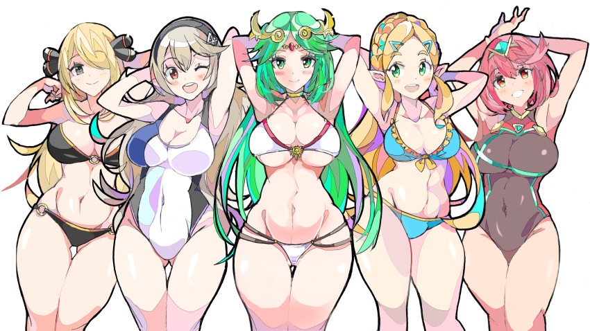 5girls abs alternate_breast_size armpits bikini corrin_(fire_emblem) corrin_(fire_emblem)_(female) crossover cynthia_(pokemon) edit enpe female_only fire_emblem fire_emblem_fates human kid_icarus large_breasts looking_at_viewer manakete medium_breasts nintendo palutena pokemon pokemon_dppt princess_zelda pyra_(xenoblade) swimsuit the_legend_of_zelda thick_thighs third-party_edit wallpaper wide_hips xenoblade_(series) xenoblade_chronicles_2 zelda_(breath_of_the_wild)