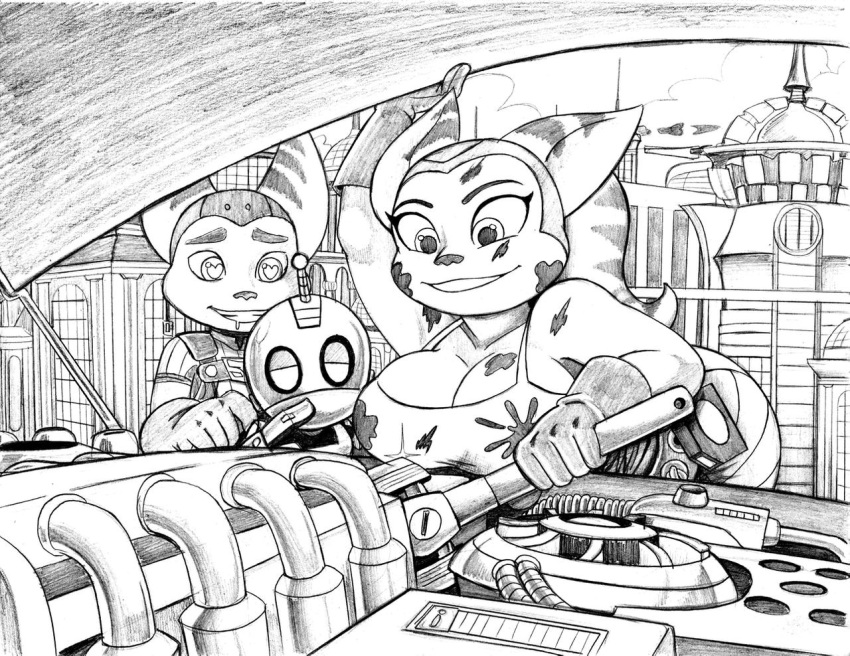 1girls 2boys alien alien_girl angela_cross_(ratchet_and_clank) animal_humanoid antennae big_breasts black_and_white breast_rest breasts building city cityscape clank_(ratchet_and_clank) clothed clothing curvaceous curvy curvy_figure drool drool_on_face drooling engine engineer feline feline_humanoid female gloves grease grease_stains heart heart-shaped_pupils heart_eyes humanoid lombax looking_at_breasts mechanic mechanical oil omegasunburst ratchet_(ratchet_and_clank) ratchet_and_clank robot sci-fi science_fiction sketch smile stripes tank_top thick voluptuous wrench