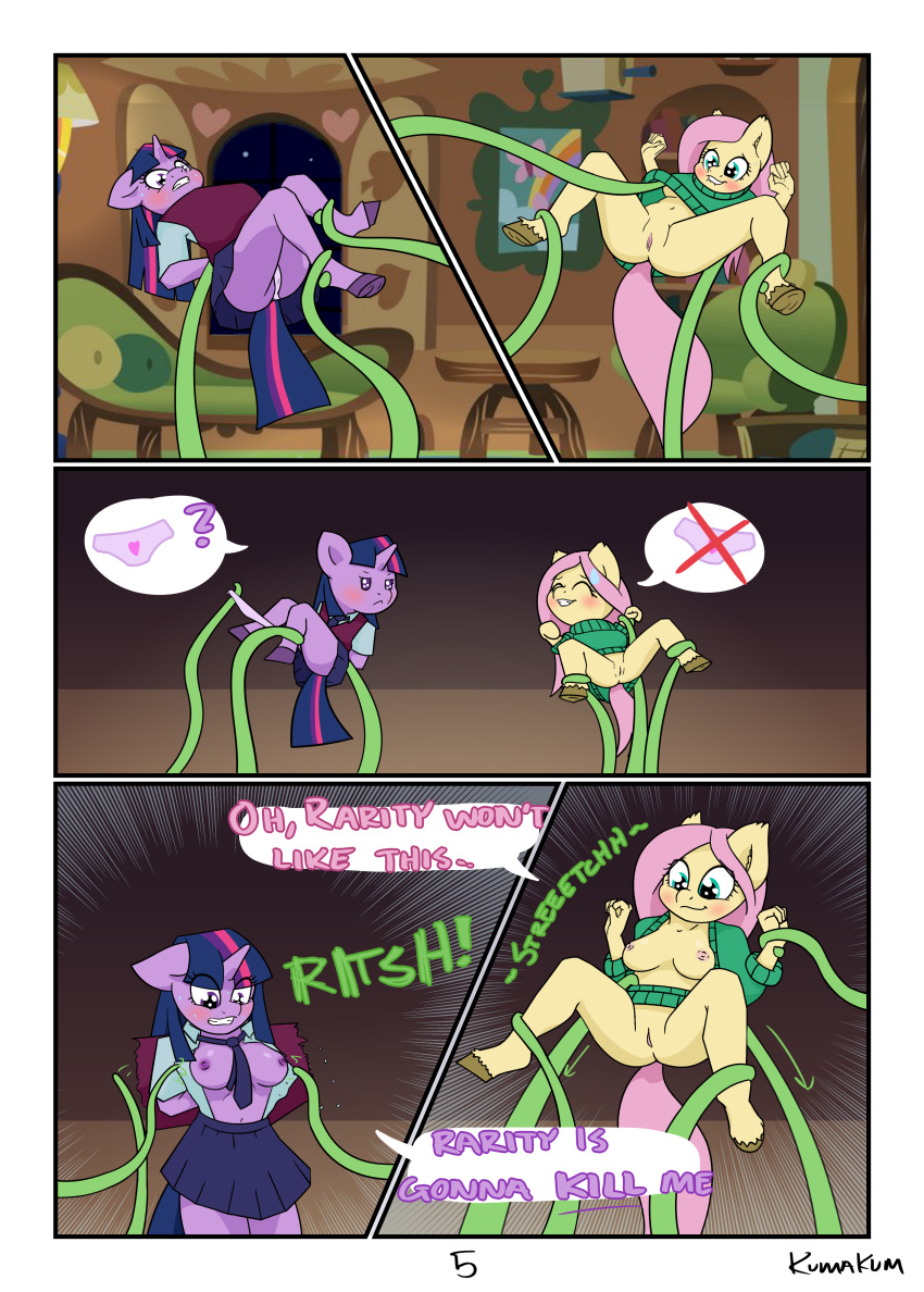 absurd_res anthro blush breasts clothing comic equid equine female fluttershy_(mlp) friendship_is_magic genitals hi_res kumakum mammal my_little_pony nipples panties pussy straight_hair tentacle text twilight_sparkle_(mlp) underwear