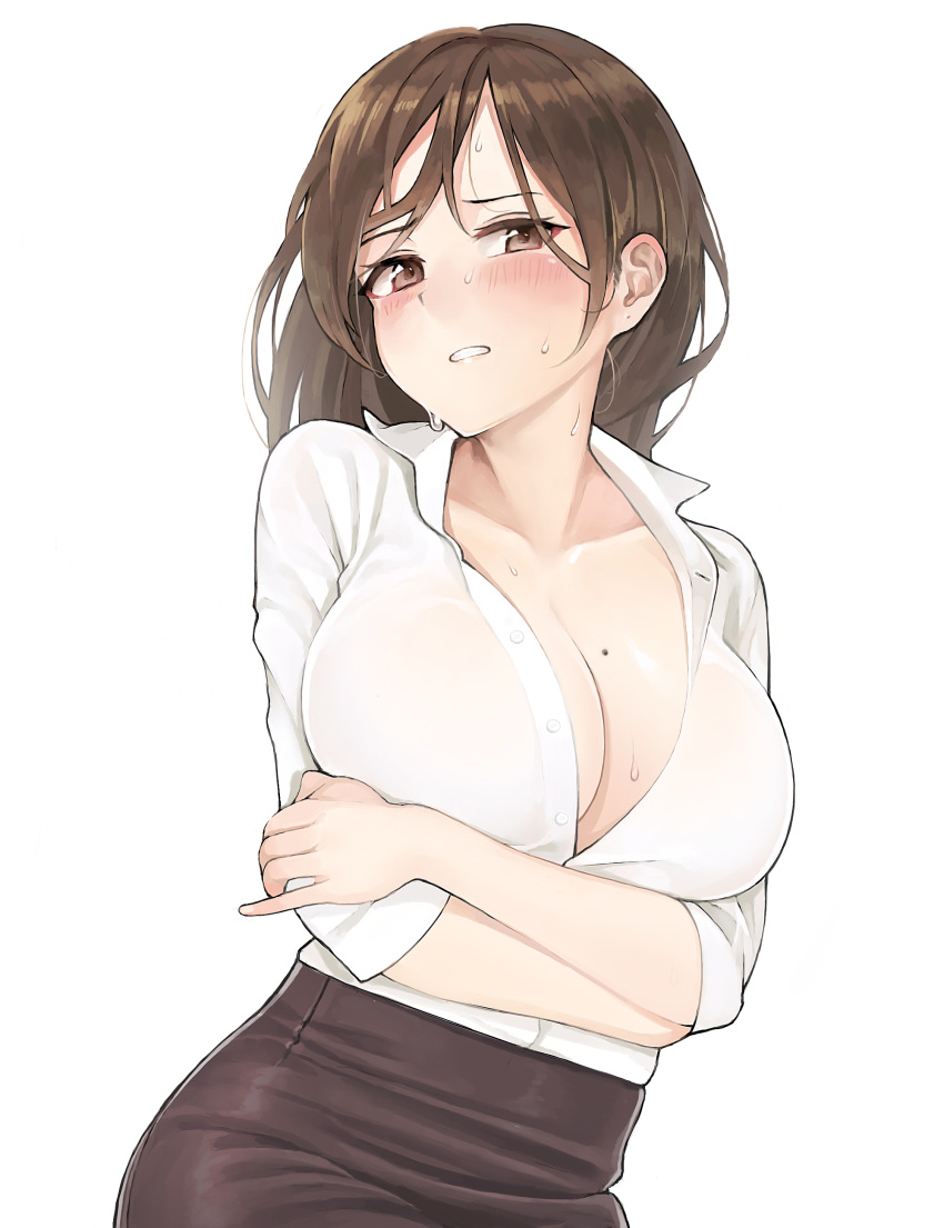 ameyame black_skirt blush business_suit cleavage clothed embarrassed mole_on_breast office_lady pencil_skirt skirt skirt_suit sweat wet white_shirt