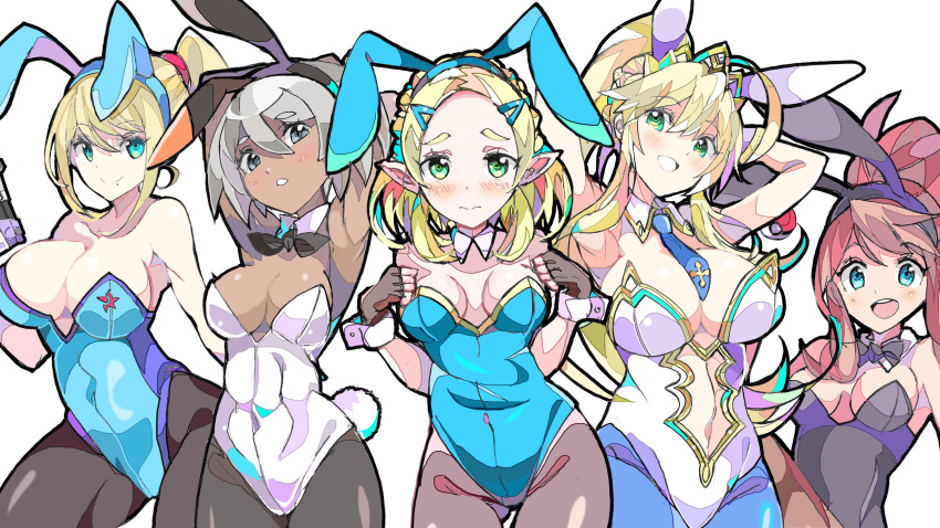 5girls alternate_outfit armpits artoria_pendragon artoria_pendragon_(lancer) artoria_pendragon_(swimsuit_ruler) bea_(pokemon) breasts bunny_ears bunny_girl bunny_suit bunnysuit cleavage crossover demigoddess edit enpe eye_contact fate/grand_order fate_(series) green_eyes hilda_(pokemon) human human_only hylian large_breasts looking_at_viewer metroid mole nintendo pokemon pokemon_bw pokemon_ss ponytail princess_zelda samus_aran silver_hair smile source_request tagme tears_of_the_kingdom the_legend_of_zelda thick_thighs third-party_edit wallpaper wide_hips zelda_(tears_of_the_kingdom)