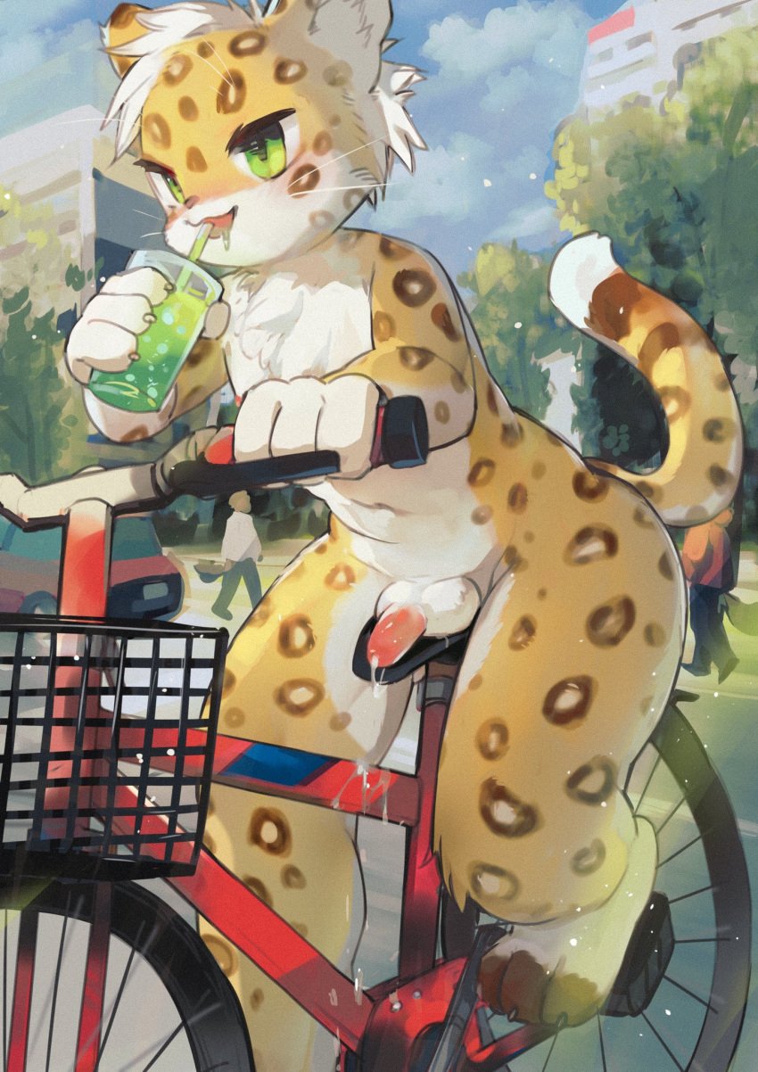 balls bicycle blush bodily_fluids cum dr.kiyo drinking felid genital_fluids genitals green_eyes hi_res kemono kiyosan kiyosan_(artist) leopard male male_only mammal pantherine penis solo_focus