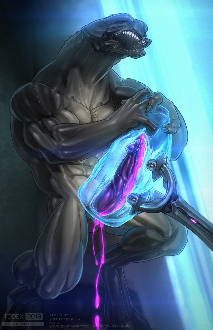 1boy 2019 abs alien animal_genitalia biceps bodily_fluids colored_cum cum cum_drip cum_on_balls digital_media_(artwork) dripping ejaculation erection genital_fluids genital_slit genitals glowing_cum halo_(series) hi_res looking_pleasured male male_only male_sangheili_(halo) microsoft muscular muscular_male nude open_mouth orgasm penile penis purple_cum sangheili scalie slit solo teeth todex unusual_cum video_games xbox_game_studios