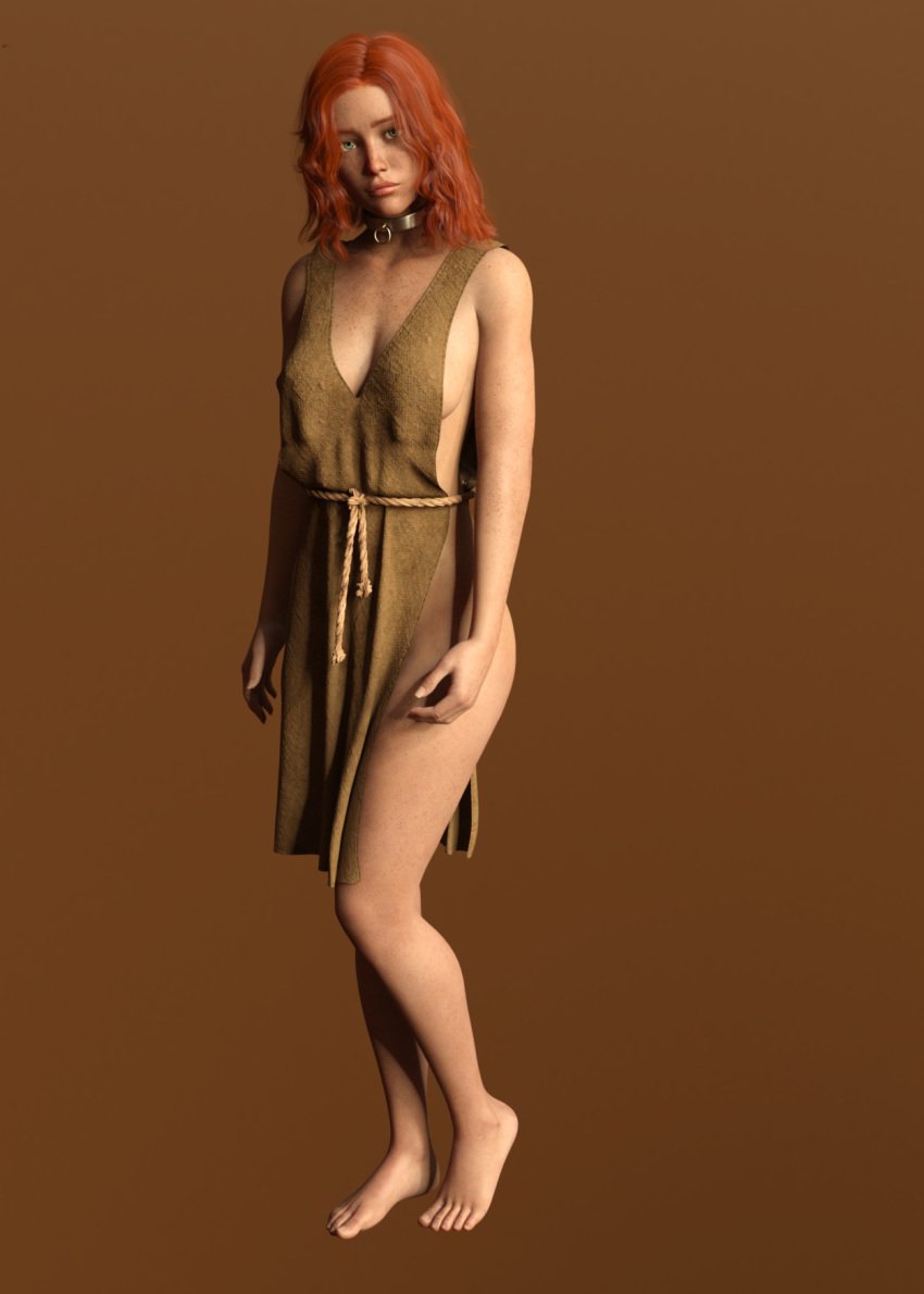 3d bare_legs barefoot bondage breasts canna_(odastein) clothed_female collar feet female femsub freckles green_eyes loincloth odastein red_hair skimpy slave slave_collar slave_tunic slavegirl standing toes