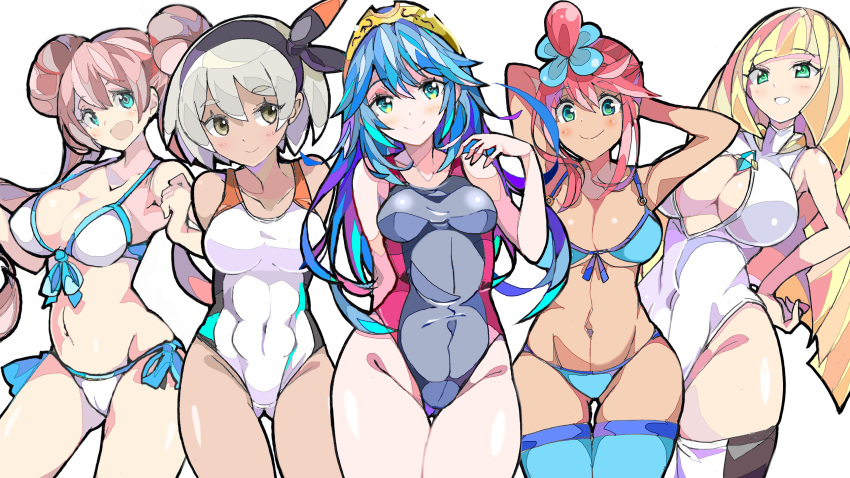 5girls abs aether_foundation alternate_outfit armpits bea_(pokemon) big_breasts bikini breasts company_connection crossover dark-skinned_female dark_skin edit enpe eye_contact female_only fire_emblem fire_emblem_awakening human looking_at_viewer lucina_(fire_emblem) lusamine_(pokemon) milf mother muscular muscular_female nintendo pokemon pokemon_bw pokemon_bw2 pokemon_sm pokemon_ss rosa_(pokemon) skyla_(pokemon) source_request swimsuit tagme thick_thighs thigh_gap third-party_edit wallpaper wide_hips