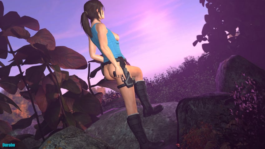 1girls 3d ass bottomless bottomless_female breasts breasts_out durabo female gun lara_croft solo tomb_raider weapon