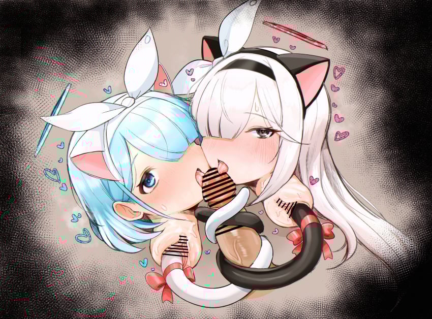 2girls arona_(blue_archive) bar_censor blue_archive cat_tail censored female japanese_text onahole_transformation plana_(blue_archive) pussy pussy_juice pussy_neck sex_toy sutekadayo tail tailjob tails unusual_genitalia_placement unusual_pussy_placement vaginal_insertion what