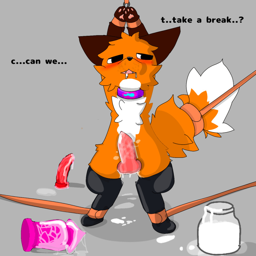accessory anthro bindings black_ears black_nose black_paws blush bodily_fluids canid canine cheek_tuft chest_tuft clothing collar container cum dildo exhausted facial_tuft feral fooxo(artist) fox fur furgonomics genital_fluids genitals hi_res jar legwear male mammal orange_body orange_fur pawpads penis pink_pawpads semi-anthro sex_toy shaded simple_background simple_eyes simple_shading tail tail_accessory tailband thigh_highs tuft