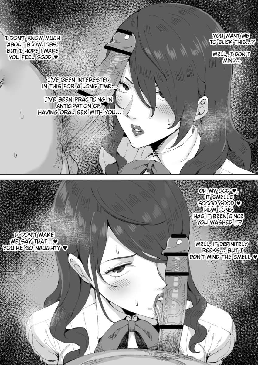 1boy 1girls absurd_res bangs black_and_white blush censored clothed cock_shock erection fat_man fellatio female hair_over_one_eye heart highres imminent_fellatio kirijou_mitsuru large_penis licking licking_penis lipstick long_hair looking_at_viewer male male_pov male_pubic_hair mitsuru_kirijo morokan77 open_mouth oral oral_sex penis persona persona_3 persona_3_reload pubic_hair ribbon school_uniform sound_effects text tongue tongue_out uniform vein veins veiny veiny_penis