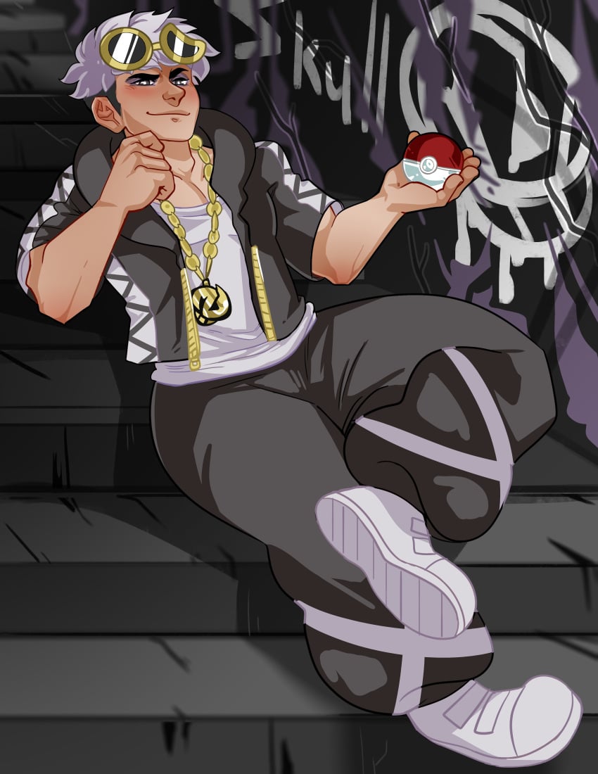 1boy black_outfit game_freak gold_chain gold_jewelry gold_sunglasses graffiti graffiti_on_wall guzma_(pokemon) hand_on_chin holding holding_pokeball jacket jewelry keluturtle looking_at_viewer male male_focus male_only nintendo no_sex nsfw_version_available pokeball pokemon pokemon_sm pokemon_usm reclining sfw sfw_version sitting sitting_on_stairs solo solo_focus solo_male stairs sunglasses team_skull white_hair white_shirt white_shoes