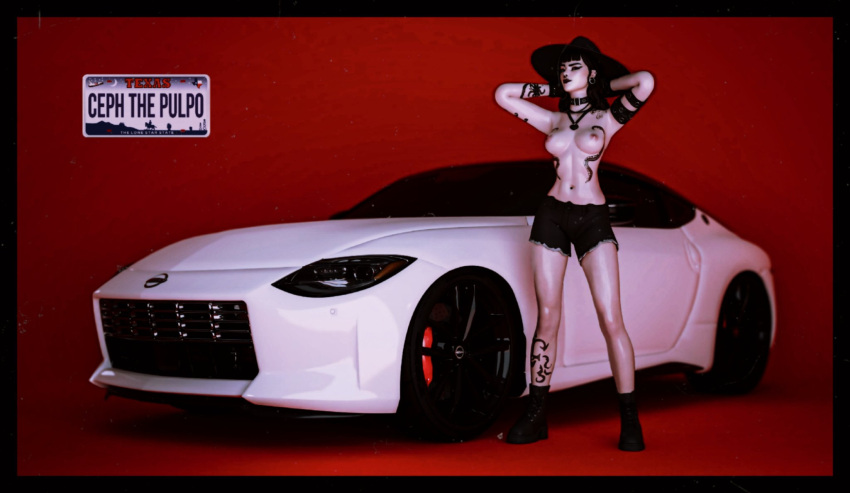 1girls armpits arms_behind_head arms_up black_lipstick boots breasts car choker epic_games female female_only fortnite fortnite:_battle_royale girl goth legs phaedra_(fortnite) posing shorts solo sweat tattoo tattoos thighs topless witch_hat