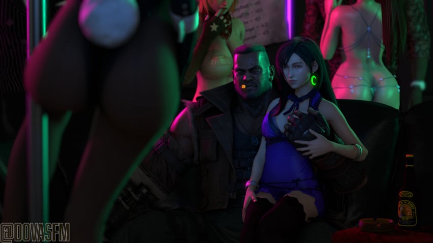 3d barely_clothed barret_wallace cigar dark-skinned_male dominant_male dovasfm final_fantasy final_fantasy_vii final_fantasy_vii_remake grabbing_breasts interracial male multiple_girls multiple_males pole_dancing prostitution strip_club stripper tifa_lockhart tifa_lockhart_(refined_dress)