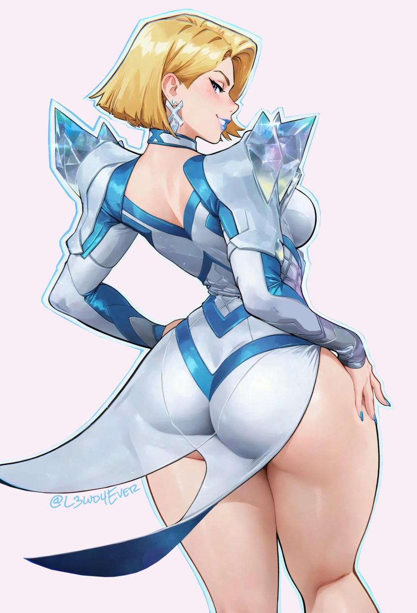 1girls 2d ass athletic athletic_female athletic_thighs blonde_female blue_lipstick blue_nails bob_cut breasts clothed clothed_female covering_breasts emma_frost emma_frost_(marvel_rivals) female female_focus female_only hi_res l3wd4ever large_breasts light-skinned_female light_skin looking_at_viewer marvel marvel_comics marvel_rivals solo thick_thighs thighs wide_hips