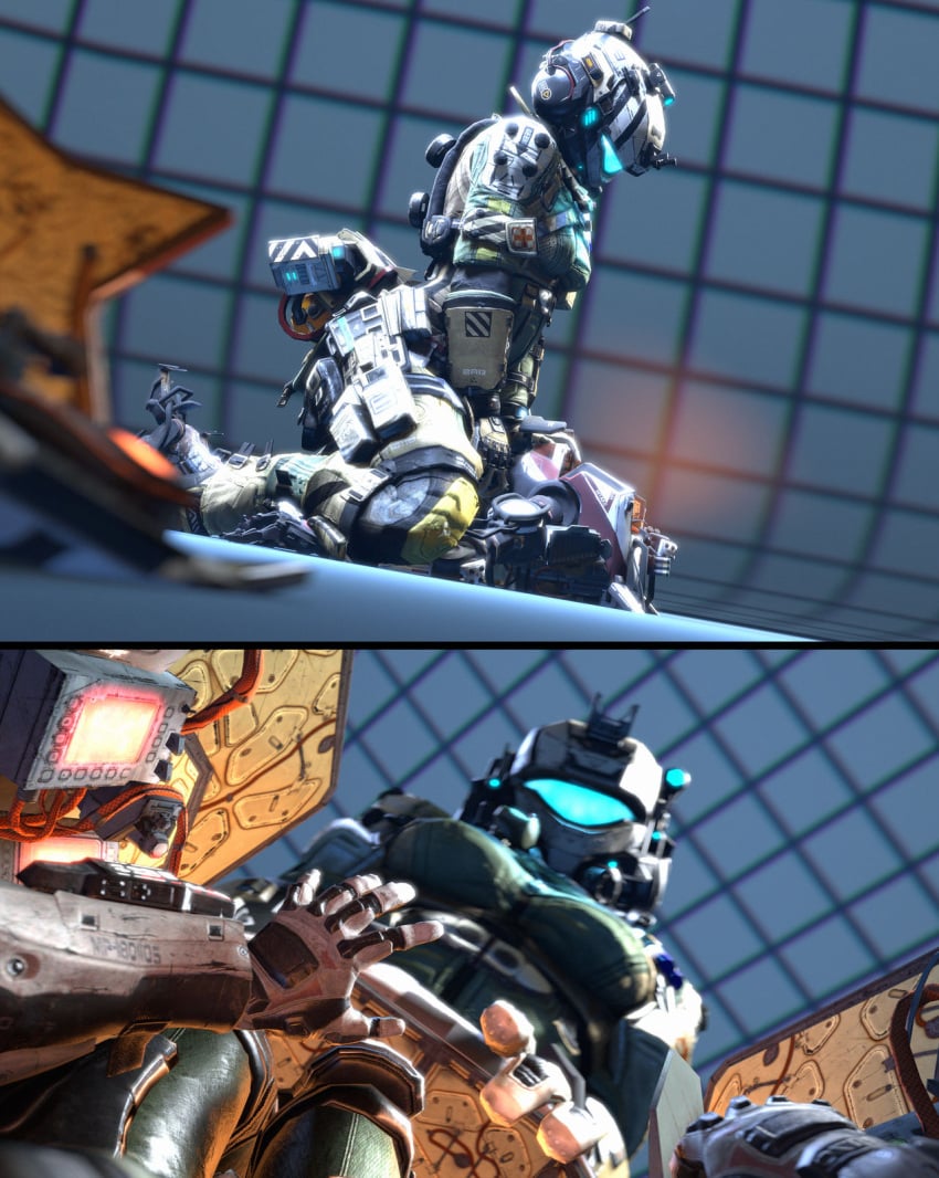 1girls 80lines armor armored_female armour clothed female first_person_view from_below from_side giantess gun helmet looking looking_at_viewer looming_over low-angle_view macro micro pilot_(titanfall) playful pov pulse_blade_pilot sitting sitting_on_person straight titan titanfall viewed_from_below worm's-eye_view