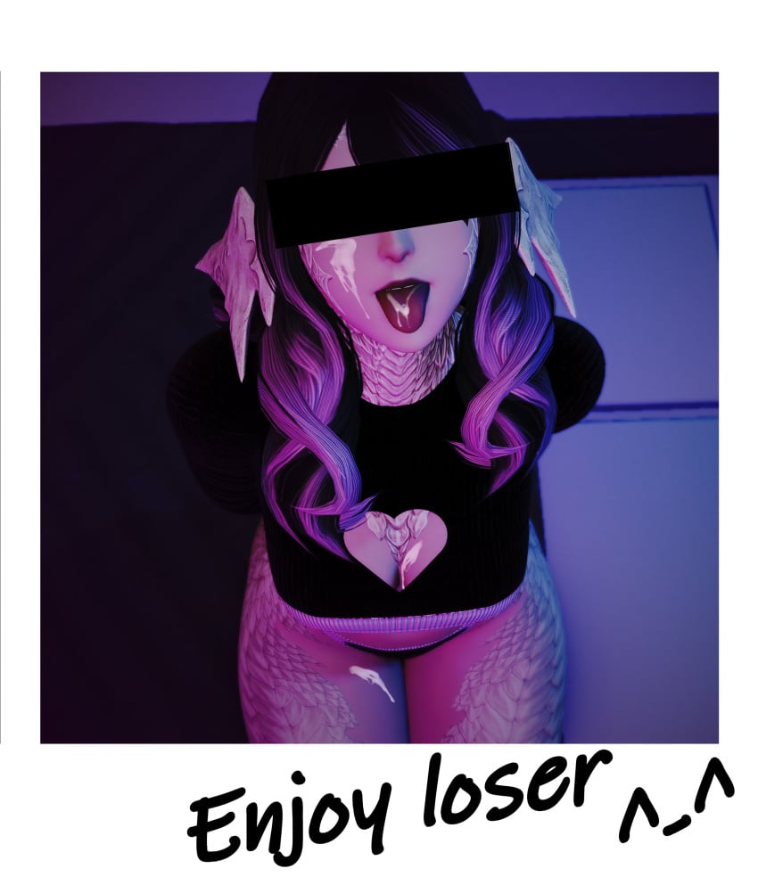 3d au_ra black_hair censor_bar cheating cheating_girlfriend cuckold cum_on_body cum_on_breasts final_fantasy final_fantasy_xiv gpose(ffxiv) horns light_skin polaroid scales tail tongue_out trans_woman transgender_woman