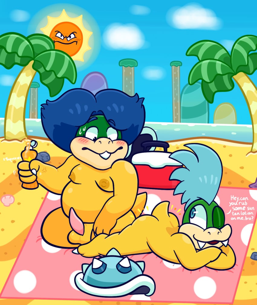 2019 angry_sun anthro ass balls beach belly blue_hair blush brother brothers casual_nudity dialogue digital_media_(artwork) duo erection fangs genitals hair hi_res koopa koopa_shell koopaling larry_koopa looking_at_another ludwig_von_koopa lying male male/male male_only mario_(series) moobs nintendo nipples nude nude_beach one_eye_closed open_mouth outside penis scalie seaside shell sibling sinribbons size_difference slightly_chubby sunscreen super_mario_bros. towel turtle_shell vein video_games wink