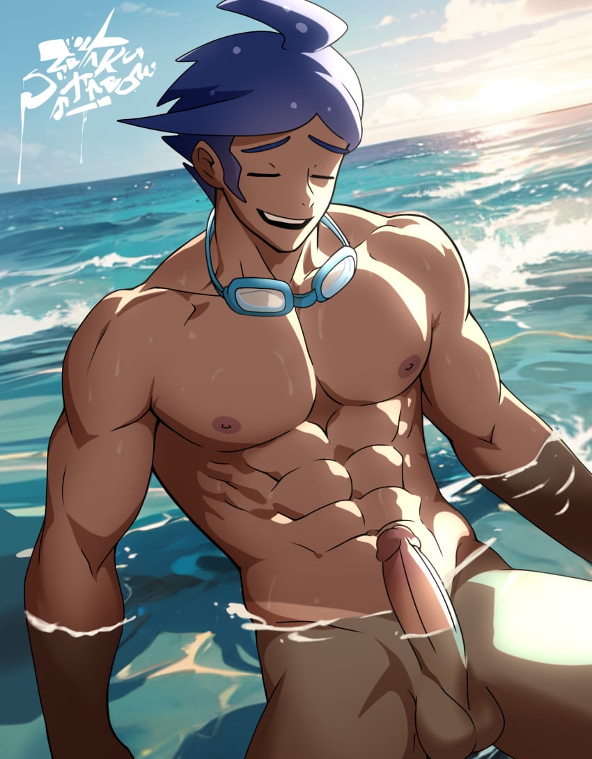 abs bara beach cg cum cumming dark_skin erection male male_only marlon_(pokemon) muscular muscular_male patreon patreon_reward pectorals pokemon pokemon_trainer solo swimming swimming_goggles tanned_skin water wet zeta_ka