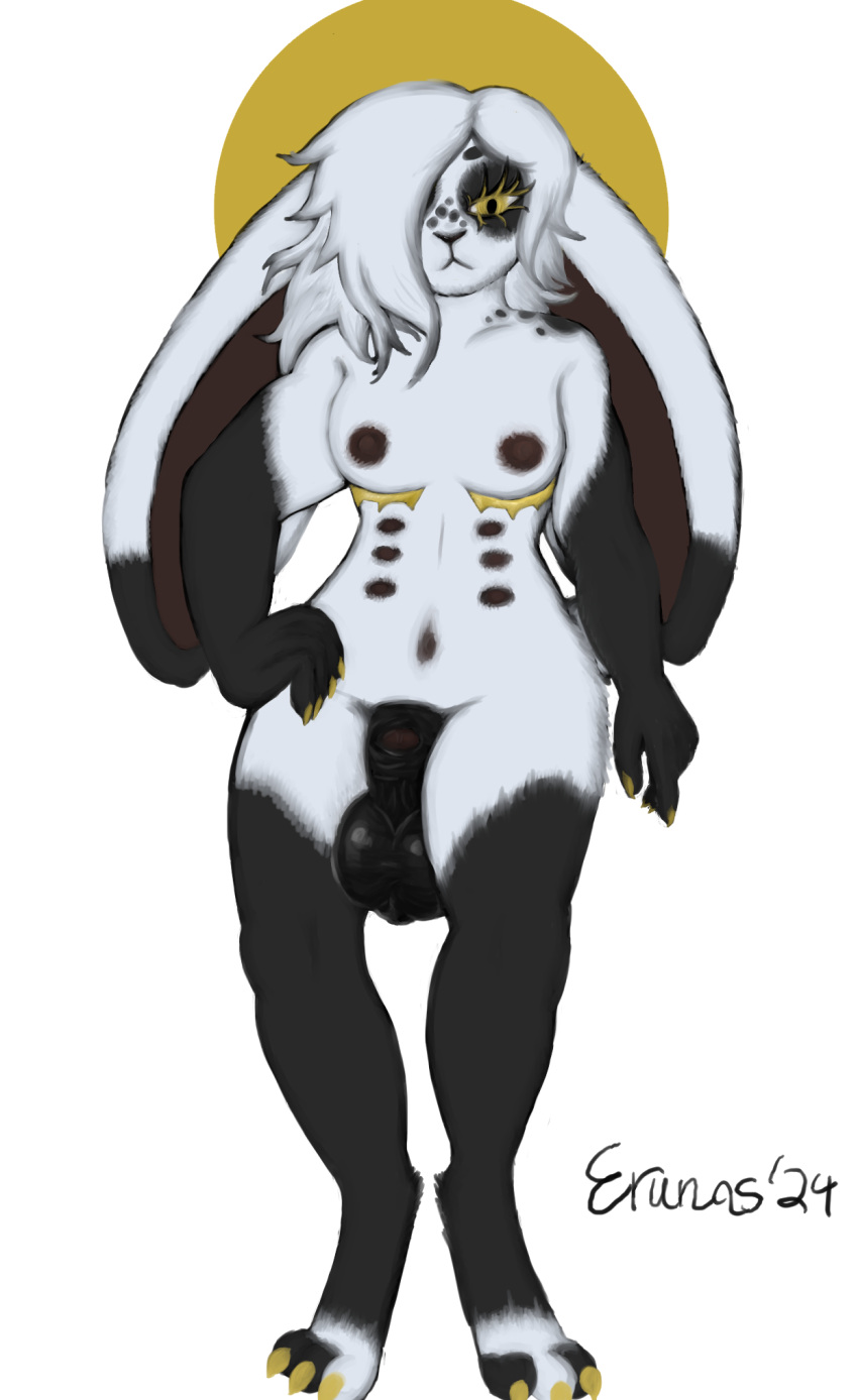 2024 animal_genitalia anthro balls big_balls big_ears black_balls black_body black_fur black_fur_markings black_sheath black_spots brown_nipples chronos_(erunas) claws erunas fur genitals gold_claws hair hair_over_eye hand_on_hip hi_res lagomorph leporid long_ears male mammal markings mastectomy_scar multi_nipple navel nipples rabbit scar sheath solo spots spotted_body spotted_fur white_body white_fur white_hair yellow_eyes
