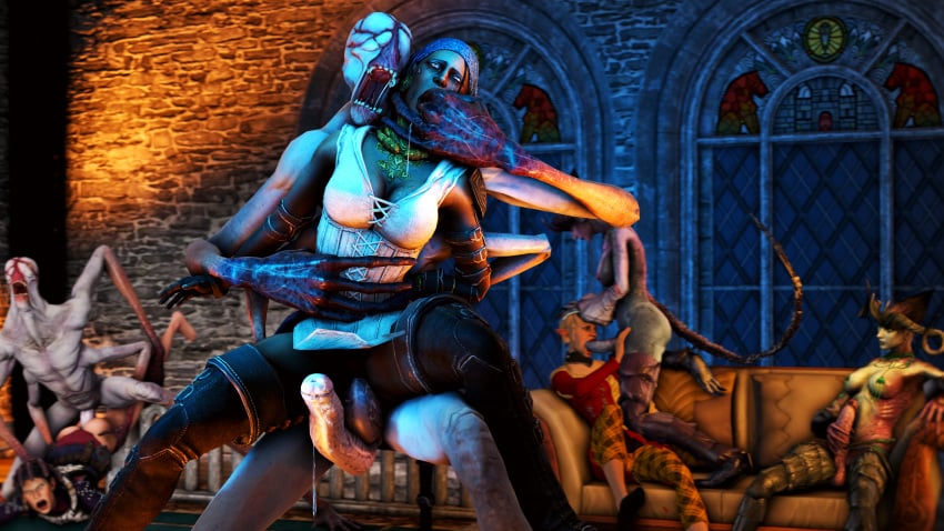 3d 3girls ambiguous_penetration anal bioware cassandra_pentaghast cheopsfm clothing cum dark-skinned_female dark_skin demon desire_demon diphallia diphallism dragon_age dragon_age_inquisition finger_in_mouth forced futanari gangbang isabela mascara multi_penis oral penis poster sera_(dragon_age) source_filmmaker tears