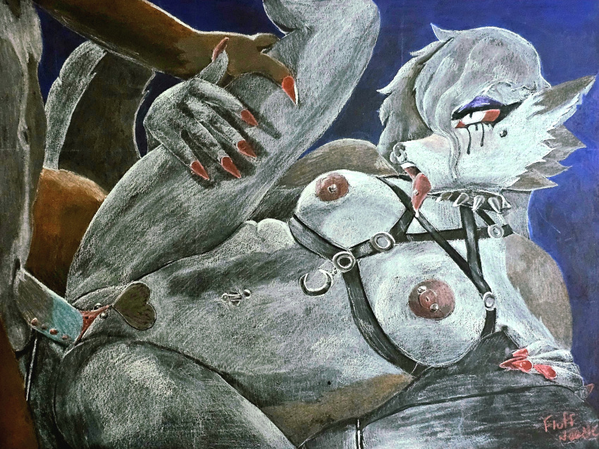 american_opossum anthro barbell_piercing bodily_fluids breasts canid canine canis drooling duo female fluffn00dle from_front_position genitals harness helluva_boss hi_res loona_(helluva_boss) lying makeup male male/female mammal marsupial mascara missionary_position nails nipple_barbell nipple_piercing nipples occult_symbol on_back penis pentagram pentagram_harness piercing pubes quinton(fluffn00dle) running_makeup running_mascara saliva sex straps symbol tongue tongue_out traditional_media_(artwork) vaginal_penetration wolf