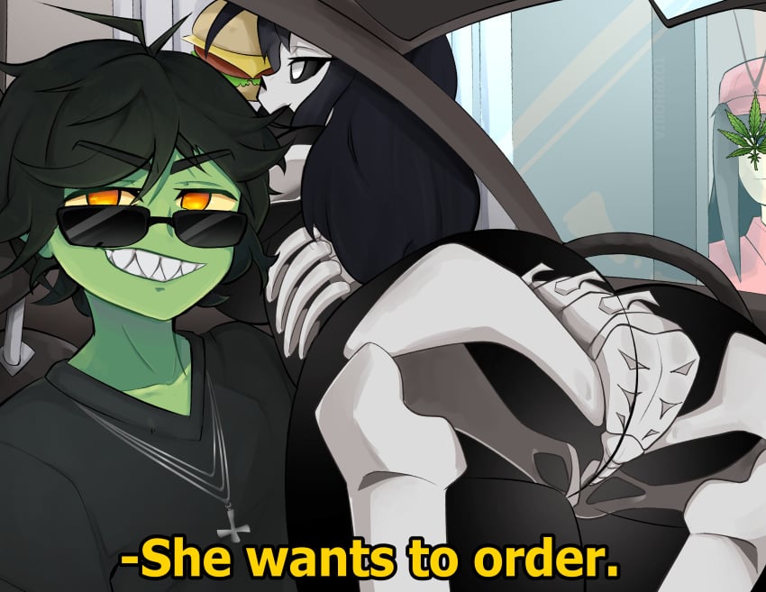 ass_focus bones bones_in_belly car dominick_deadbeat drive-thru driving green_skin he_wants_to_order pelvis see-through selene_the_skeleton sharp_teeth she_wants_to_order skeleton sunglasses toxphobia yellow_eyes zombie zombie_boy