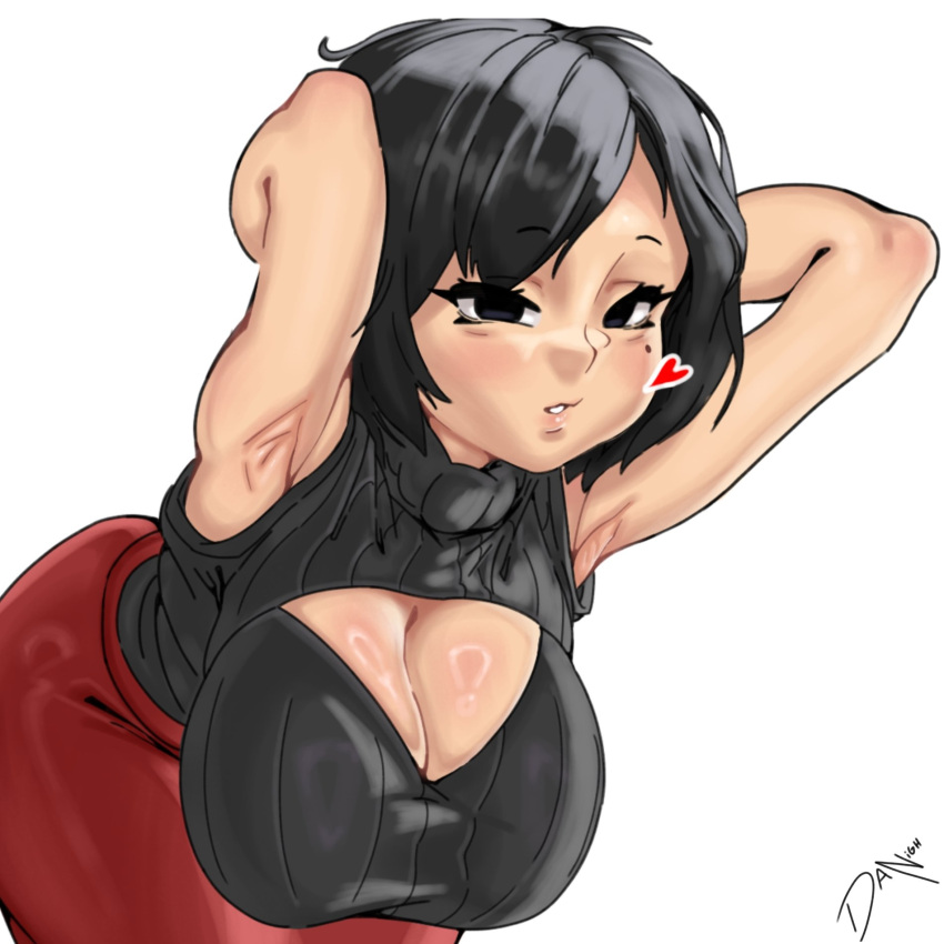 1girls arms_behind_head arms_up ava_(gazoogaloo) black_eyes black_hair black_sweater black_turtleneck black_turtleneck_sweater blush breasts burgundy_pants cleavage cleavage_cutout danig female large_breasts mii mole mole_on_breast mole_under_eye nintendo oc pants short_hair simple_background solo solo_female solo_focus sweat sweater turtleneck white_background