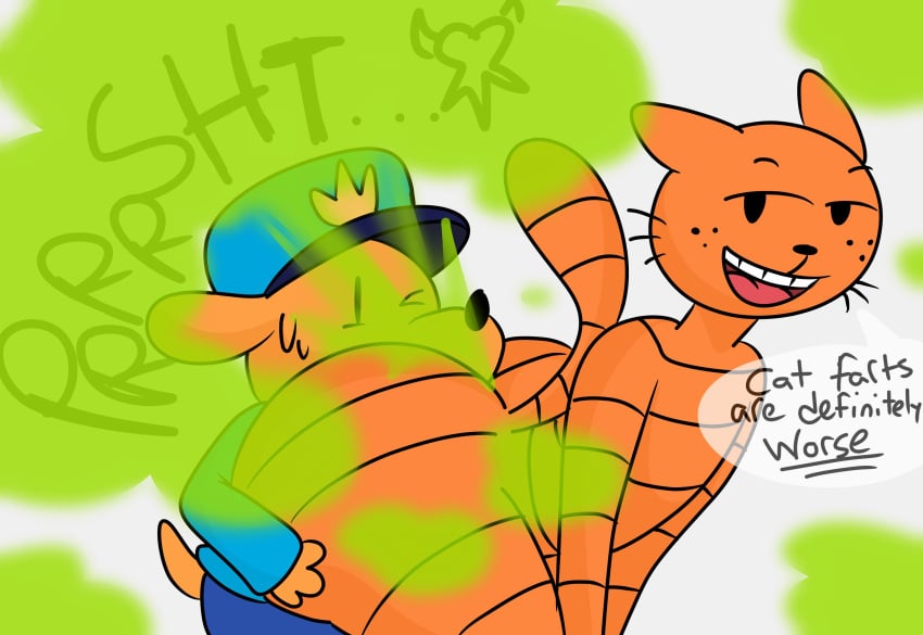 2boys big_ass brappycatty character_request dialogue dogman_(character) dogman_(series) fart fart_fetish gregory_bailey gregory_knight male petey_the_cat sunniefunnie tagme text