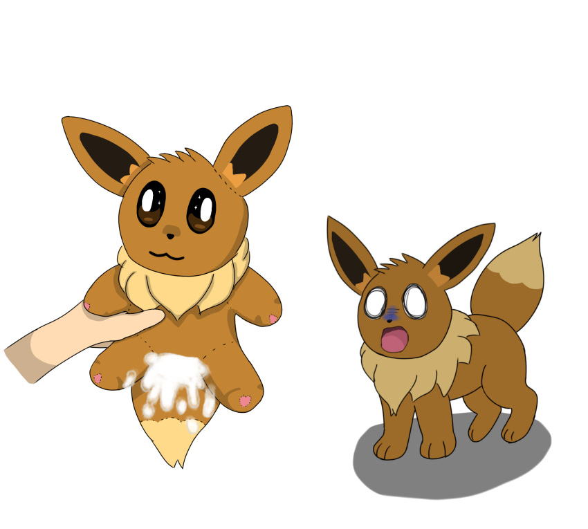 bodily_fluids brown_body cum cum_drip dripping duo eevee female feral generation_1_pokemon genital_fluids hi_res holding_object human implied_sex looking_at_another majika male male/female mammal nintendo plushie plushophilia pokemon pokemon_(species) shocked tail