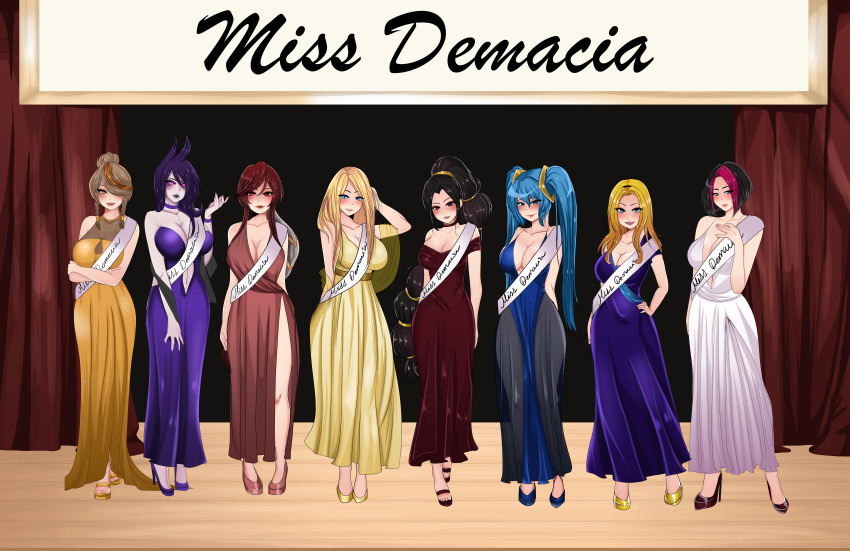 6+girls 8girls aqua_hair areolae bilgewater_series blue_hair corsair_quinn dress fiora_laurent ironscale_shyvana kayle league_of_legends legacy_series long_hair long_twintails luxanna_crownguard morgana multiple_girls open_toe_shoes riot_games ruricchi shyvana sona_buvelle twintails vayne