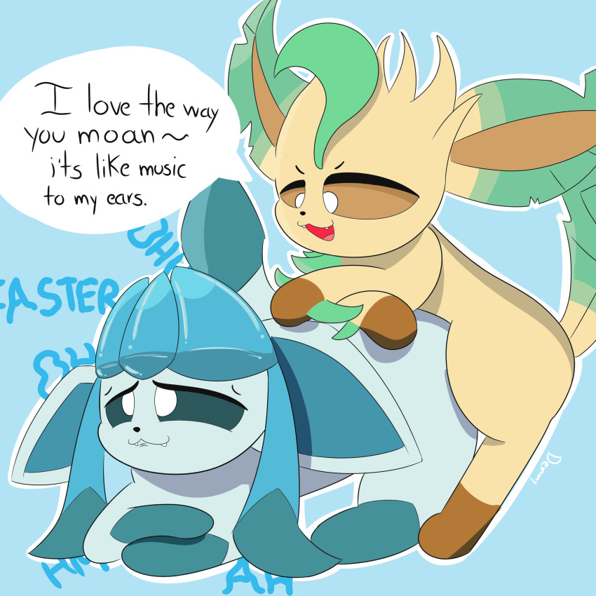 blue_body blue_eyes blue_fur blue_sclera brown_sclera canid canine demmy dialogue eeveelution fangs female feral fur generation_4_pokemon glaceon hi_res leafeon male male/female mammal moan nintendo pokemon pokemon_(species) pupils teeth text white_pupils yellow_body yellow_fur