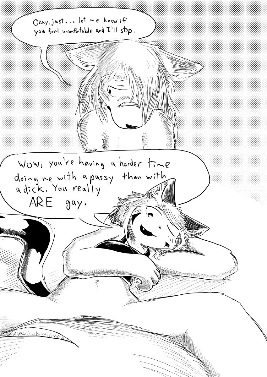 2025 absurd_res akita akita_inu american_shorthair andromorph anthro black_and_white blush blush_lines canid canine caninu canis chest_binder clothing comic cuntboy cyberconnect2 dialogue domestic_cat domestic_dog dragonweirdo duo elh_melizee fangs felid feline felineko felis hi_res imminent_sex intersex intersex/male little_tail_bronx lying male mammal markings monochrome on_back red_savarin scar solatorobo spitz striped_markings striped_tail stripes tail tail_markings teeth trans_(lore) trans_man_(lore) underwear worried