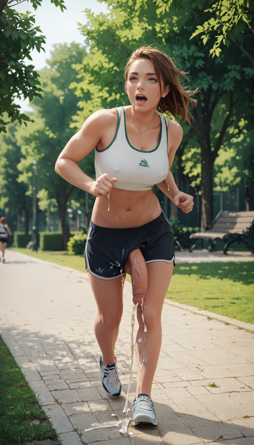 ai_generated big big_breasts cock cum cum_on_body cumshot futanari green_background intersex jogging nipple_bulge open_mouth orgasm orgasm_face park