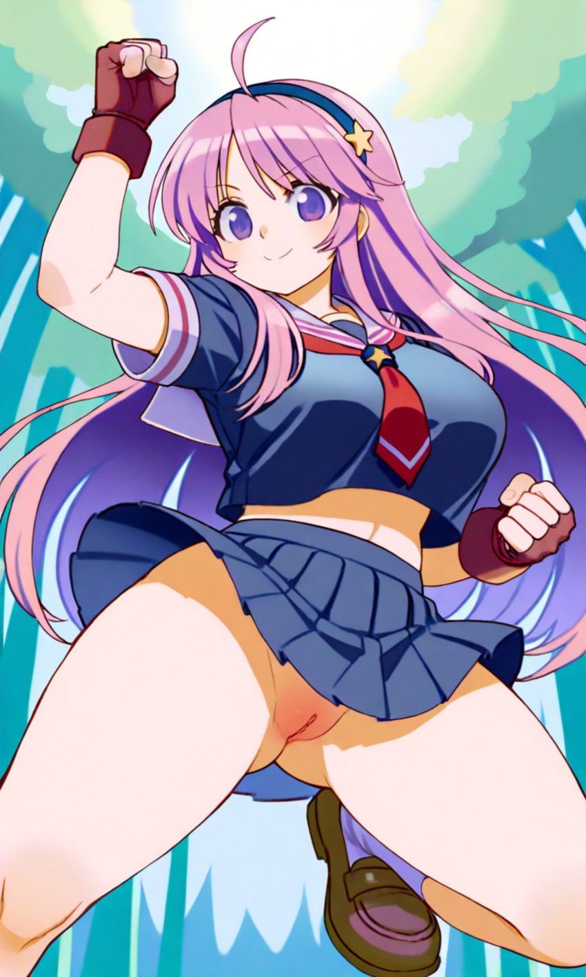 1girls ai_generated alucardsnakexz27 athena_asamiya belly crouching female fingerless_gloves headband king_of_fighters lavender_hair long_hair mostly_clothed no_panties pink_pussy psycho_soldier purple_eyes pussy school_uniform schoolgirl schoolgirl_uniform seifuku shaved_pussy shirt skirt snk solo solo_female tagme upskirt vagina
