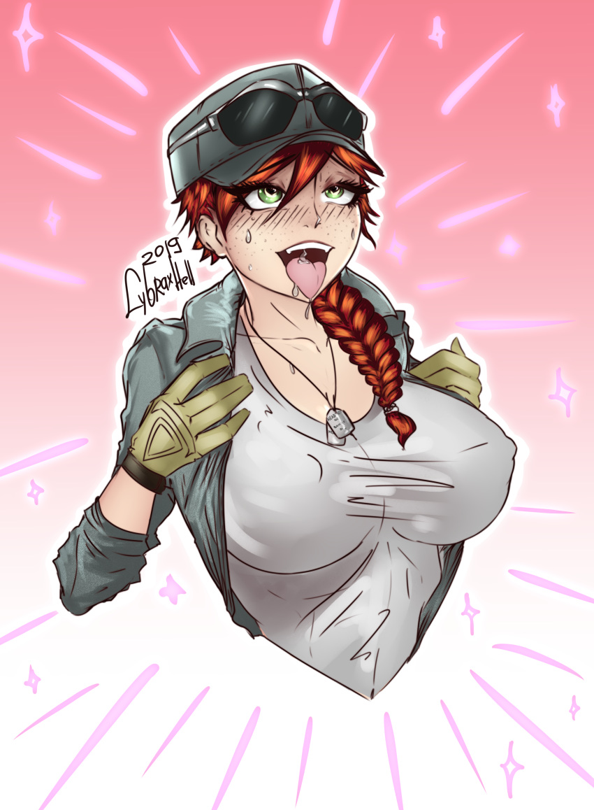 1girls ahe_gao ash_(rainbow_six) bangs cybraxhell female female_only gloves green_eyes hair_between_eyes human jacket jewish jewish_female long_hair rainbow_six rainbow_six_siege red_hair saliva shirt solo sunglasses_on_head sweat tied_hair tom_clancy tongue tongue_out