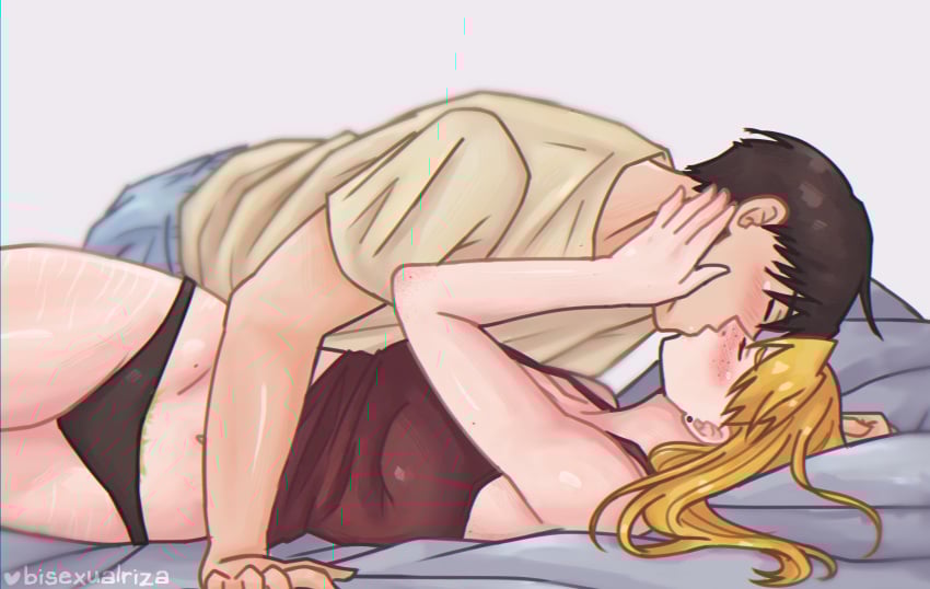 1boy 1boy1girl 1girls ahoge artist_name bed bed_sheet bisexualriza black_hair black_panties blonde_hair blush cellulite cleavage closed_eyes color ear_piercing earrings fanon_couple female female_pubic_hair freckles freckles_on_arms freckles_on_face freckles_on_stomach fullmetal_alchemist fully_clothed grey_background hand_on_another&#039;s_face highres imminent_sex kissing lighting long_hair lying lying_on_bed lying_on_side male mole mole_on_thigh no_bra panties partially_clothed pubic_hair pubic_hair_peek riza_hawkeye romantic romantic_couple roy_mustang straight t-shirt tank_top watermark wholesome