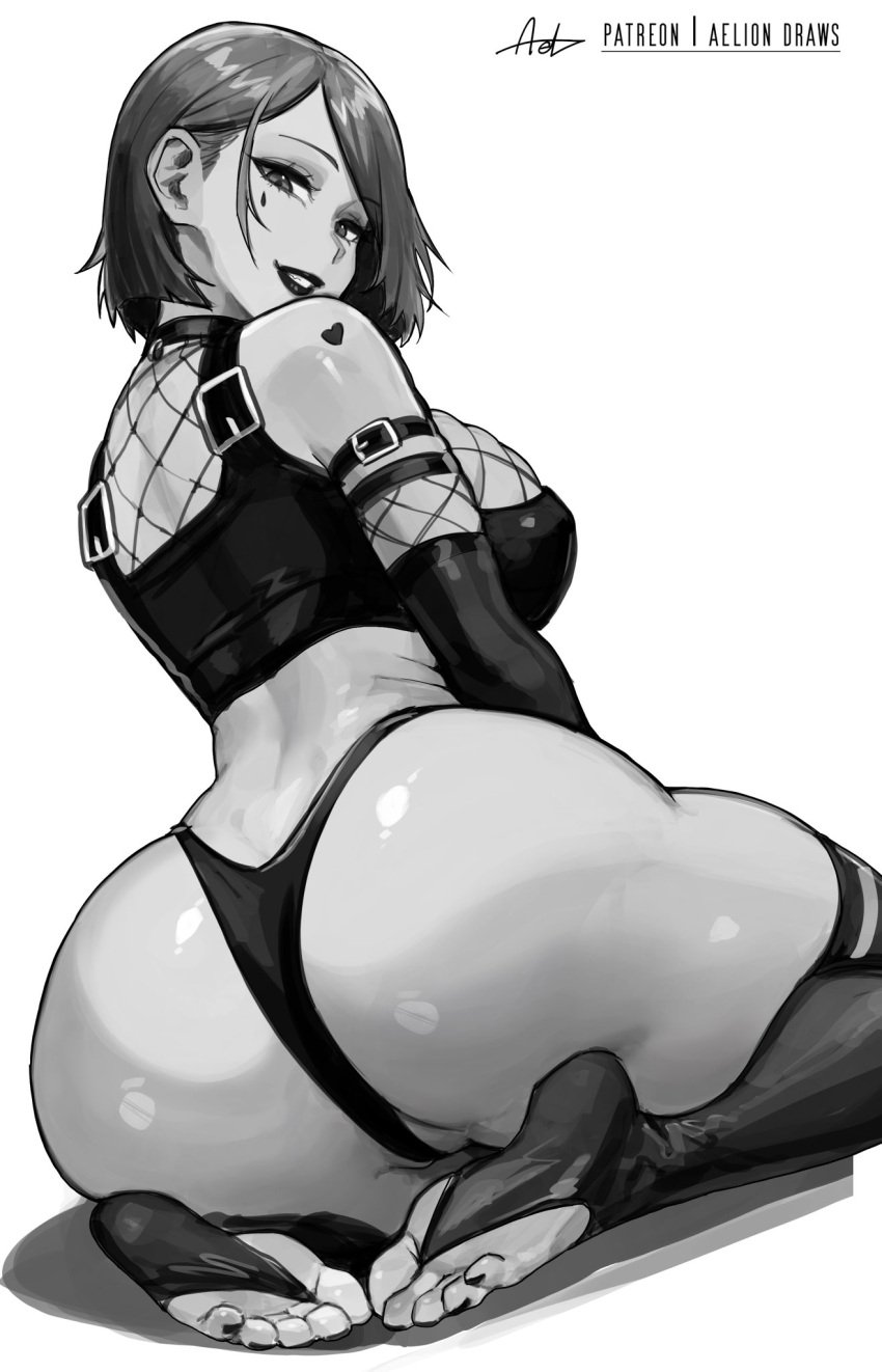 aelion_draws ass ass_focus black_lipstick feet female female_only goth goth_girl huge_ass jujutsu_kaisen kugisaki_nobara looking_back soles stirrup_legwear toeless_legwear