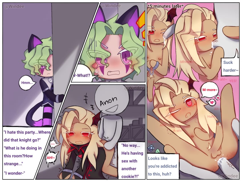 anon blush cat_ears cat_tail cookie_run cookie_run:_tower_of_adventures costume cum cum_inside dick gay green_hair kohlrabi_cookie lemon_zest_cookie male male_only naked penis precum purple_eyes red_eyes sex sucking windee y/n yellow_hair