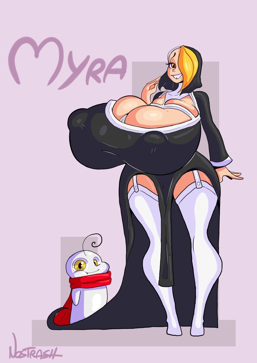 2d 2d_(artwork) 2d_artwork artist_name artist_signature bdigital_drawing_(artwork) blonde_female blonde_hair blonde_hair_female brown_eyes buckteeth digital_art digital_media digital_media_(artwork) gigantic_breasts huge_breasts myra_(ber00) nostrash nun perky_breasts perky_nipples purple_lipstick red_scales scarf wide_hips