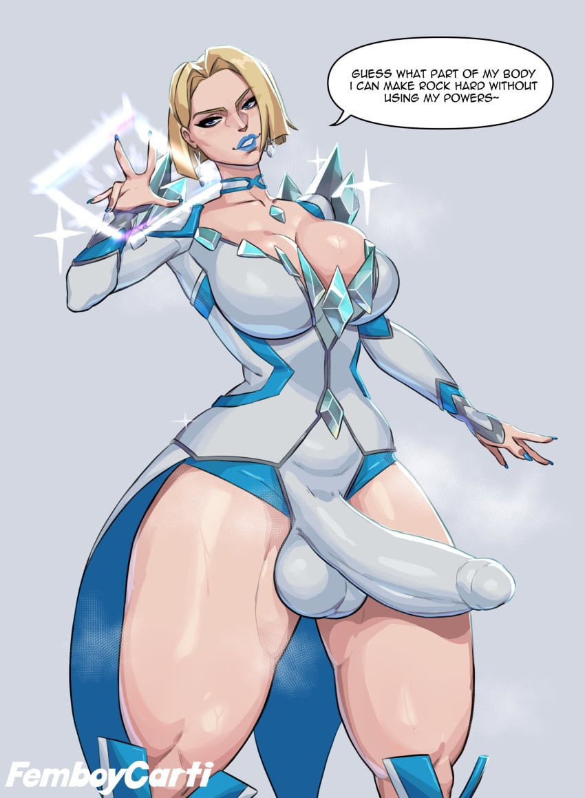 1futa 2d artist_name balls balls_under_leotard blonde_futa blonde_hair breasts bulge bulge_through_clothing bulge_through_leotard casual cleavage clothed clothing comic_book_character emma_frost emma_frost_(marvel_rivals) erection erection_under_clothes femboycarti fully_clothed futa_only futanari genitalwear grey_background huge_breasts huge_cock human intersex light-skinned_futanari light_skin marvel marvel_rivals pale_skin penis penis_under_leotard solo solo_futa standing tight_clothing video_game_character video_game_franchise