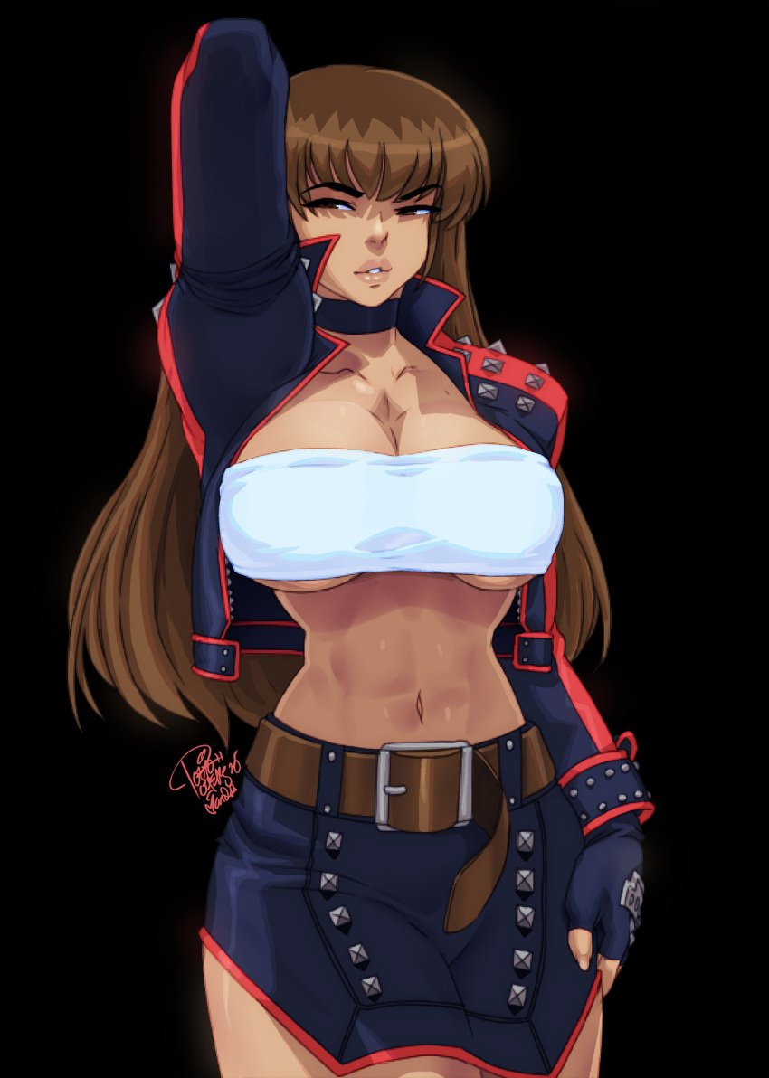 1girls abs artist_name artist_signature belt big_breasts black_background bloody_roar breasts brown_hair clothed clothed_female eighting female fit fit_female hudson_soft kirishima_nagi konami long_hair skirt solo solo_female solo_focus tovio_rogers underboob