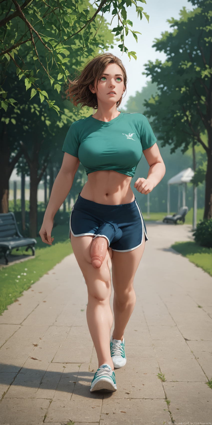 ai_generated bulge_under_clothes cock fat_cock fat_penis futanari green_background green_eyes intersex park penis running shorts