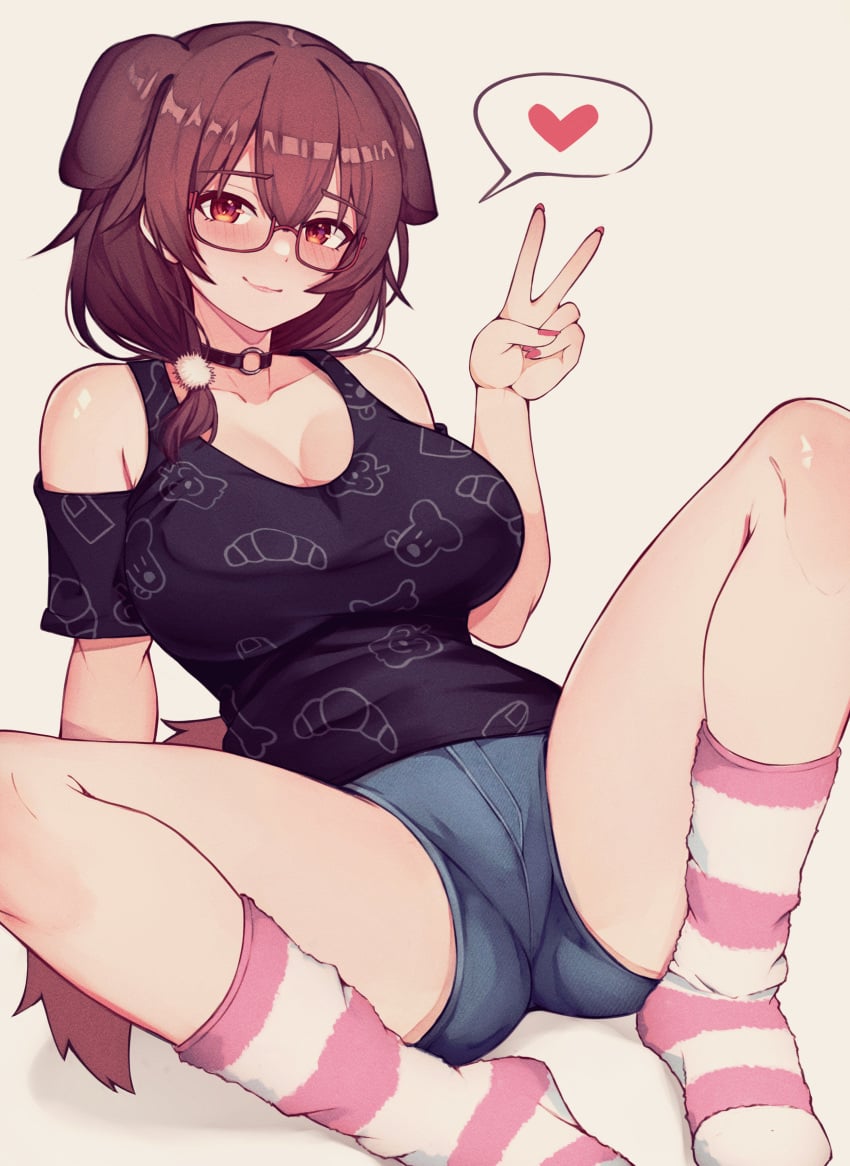 1girls animal_ears animal_tail breasts brown_hair brown_hair_female collar collar_ring denim denim_shorts dog_ears dog_girl dog_tail female glasses hololive hololive_gamers hololive_japan inugami_korone kemono kemonomimi large_breasts short_hair shorts socks spoken_heart striped_socks tagme tail v-sign v_sign varniskarnis virtual_youtuber
