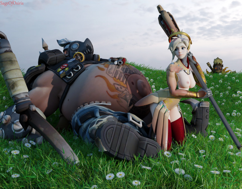 3d boots breasts exposed_breasts fat_man female fortune_mercy gas_mask grass larger_male looking_back male mercy nature nipples outie_navel outside overwatch platinum_blonde_hair roadhog sageofosiris sitting_on_penis size_difference staff