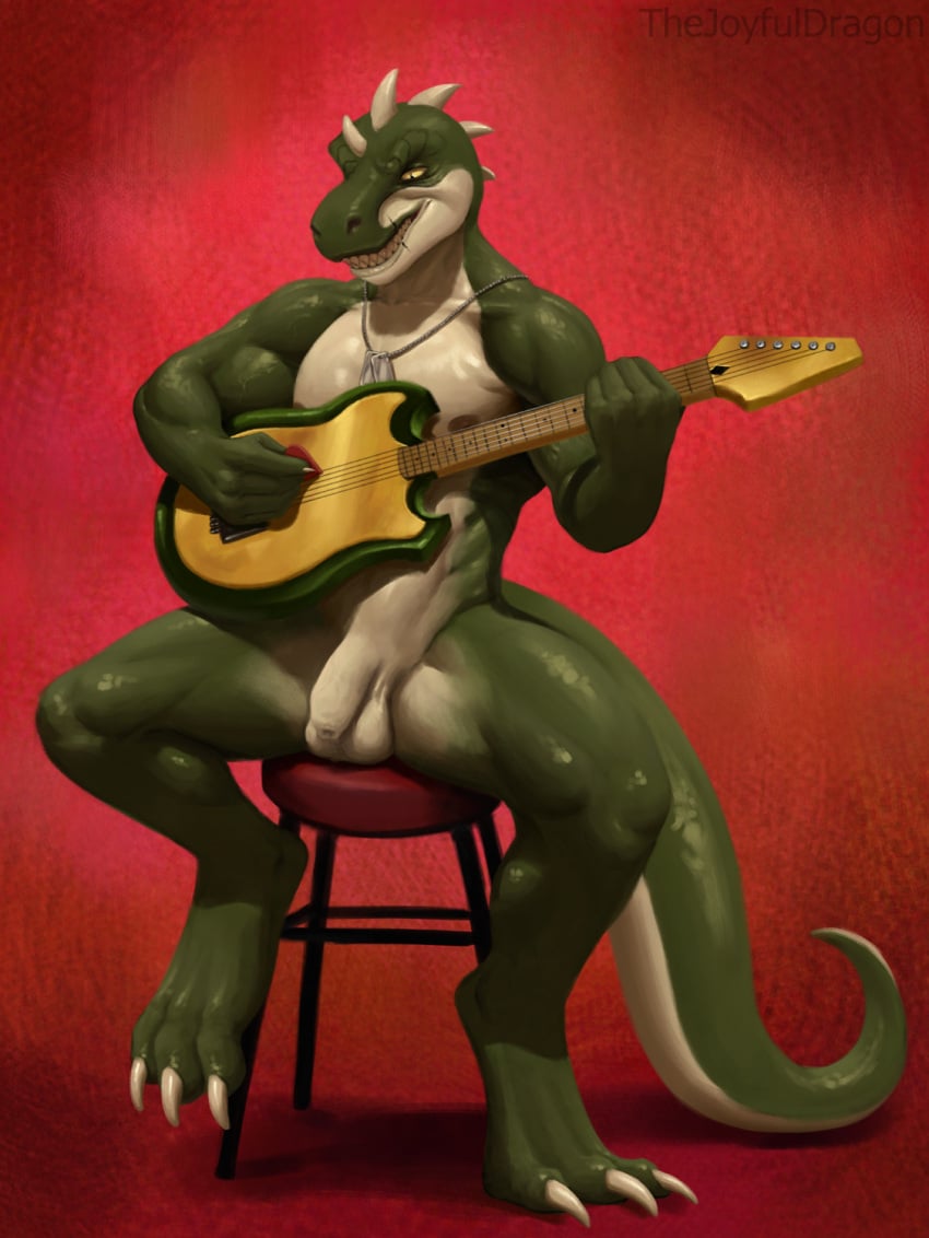 anthro balls digital_media_(artwork) dinosaur dog_tags feet flaccid foreskin genitals guitar hi_res humanoid_genitalia humanoid_penis limp male muscular muscular_male musical_instrument nude paws penis plucked_string_instrument prehistoric_species red_background reptile scalie simple_background sitting solo string_instrument tail teeth thejoyfuldragon theropod tyrannosaurid tyrannosauroid tyrannosaurus tyrannosaurus_rex uncircumcised unretracted_foreskin