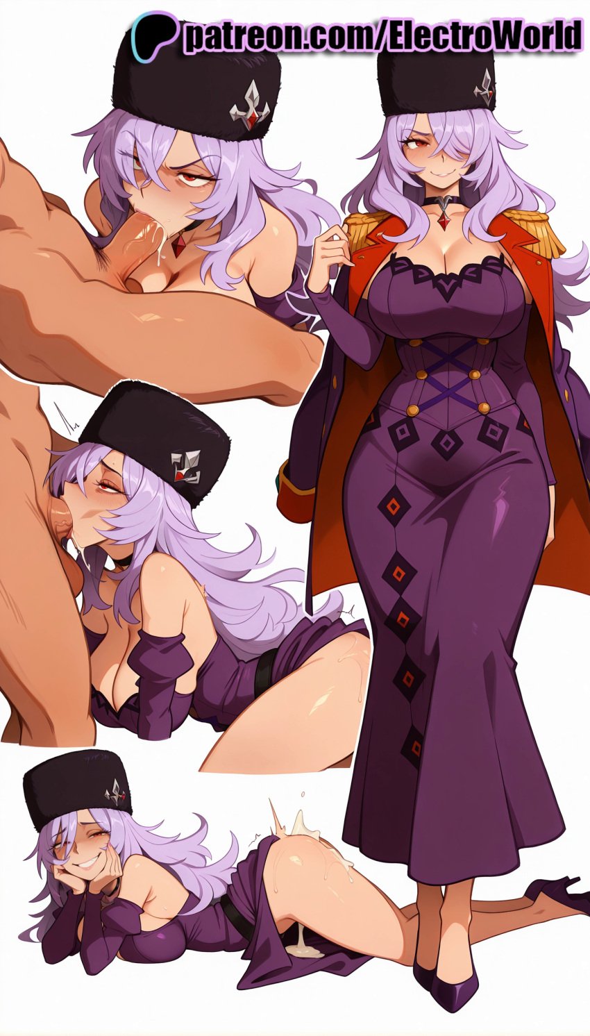 1boy 1girls 2025 ai_assisted ai_generated anime anime_girl anime_style artist_name balls big_penis blowjob blowjob_face blush breasts bust cape chest cleavage clothed_female_nude_male cock crymaria_levin cum cum_in_mouth deepthroat dick dress electroworld english_text eyebrows_visible_through_hair fellatio female gloves hair_over_one_eye hat hi_res high_heels high_quality high_resolution highres licking licking_penis long_hair looking_at_viewer male nude oral oral_sex patreon patreon_username penis purple_dress purple_hair red_eyes stable_diffusion straight sucking testicles uncensored valkyria_chronicles valkyria_chronicles_4 watermark