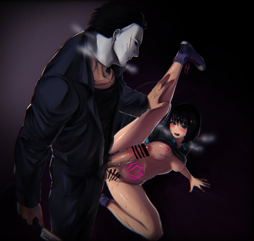 1girls black_hair blush bottomless breasts clothing crossover dbd dead_by_daylight female feng_min halloween_(series) kyosuke_rider looking_at_penis male michael_myers no_bra no_panties open_mouth penis pointless_censoring precum pubic_hair pussy pussy_juice shirt shirt_lift short_hair spread_legs sweat tears