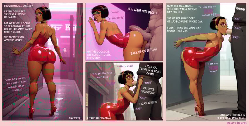 2025 2d ai_generated bimbo black_hair blowjob brown_eyes brown_skin bubble_butt cum_in_mouth cumslut femboy glasses high_heels makeup male maledom pear-shaped_figure prostitution robin_desires robin_sweetcheeks sissy skinny_waist tagme